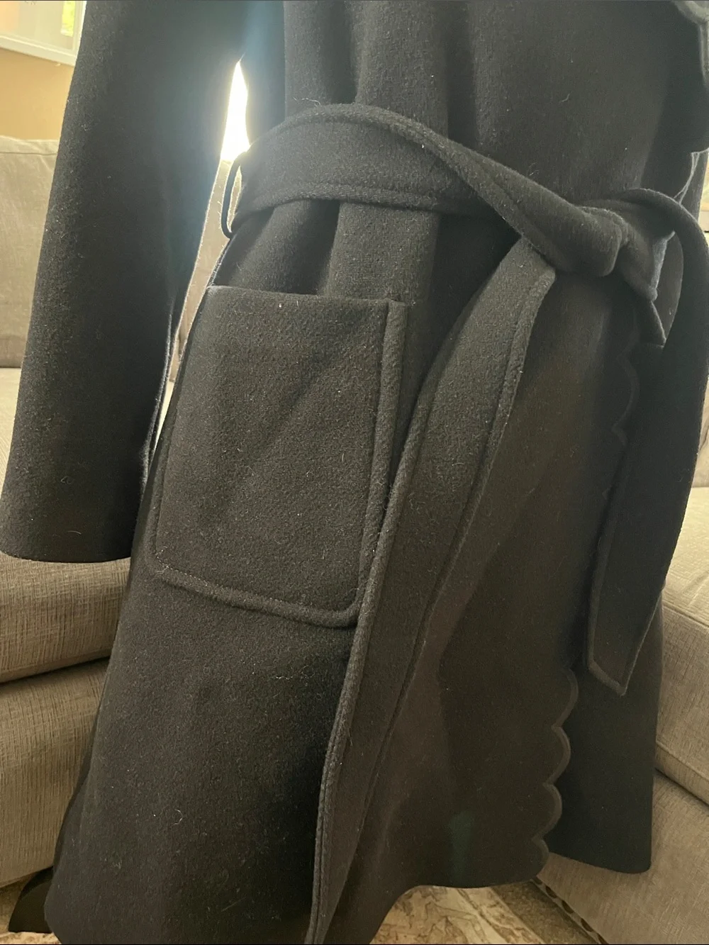 kate spade Out West Black Scallop-Edge Belted Wool Long Pea Coat Size M